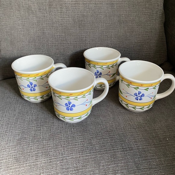 Vtg Portugal hand painted blue/yellow ceramic mugs